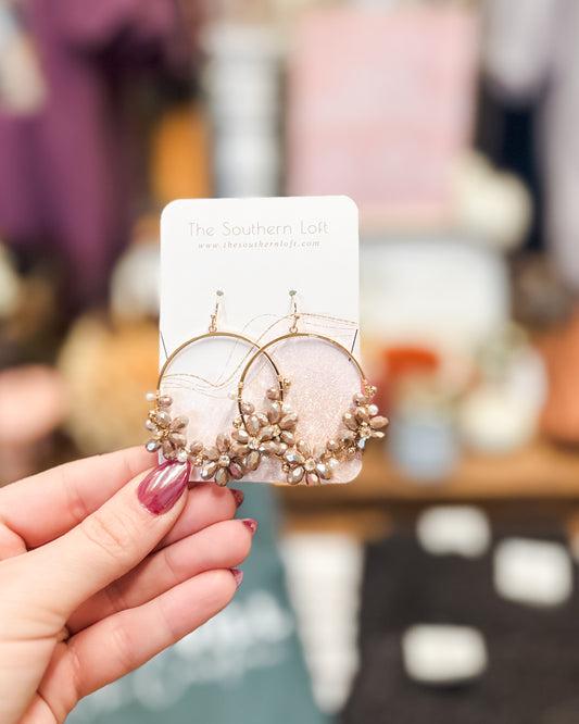 Beaded Flower Hoop Drop Earrings