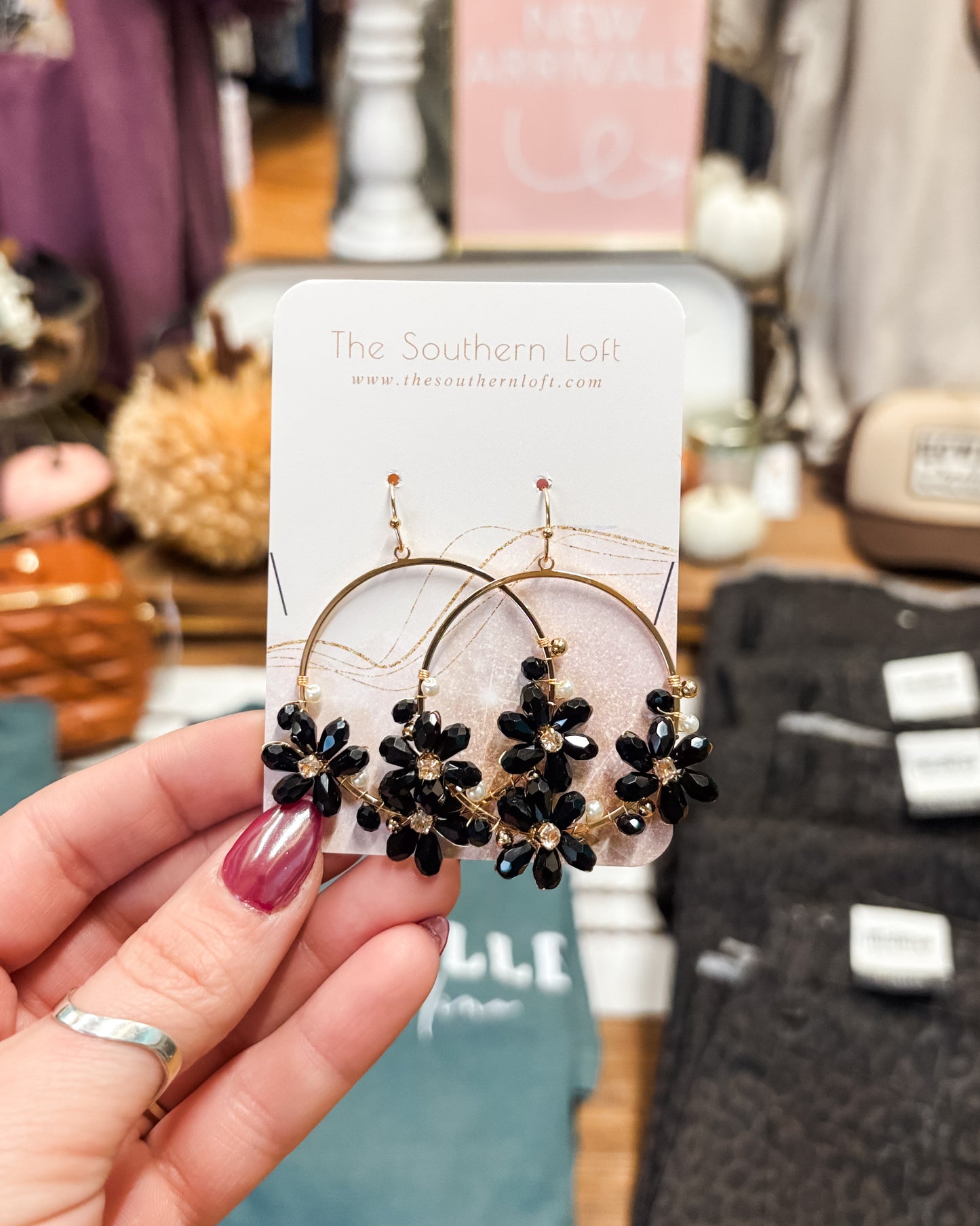 Beaded Flower Hoop Drop Earrings