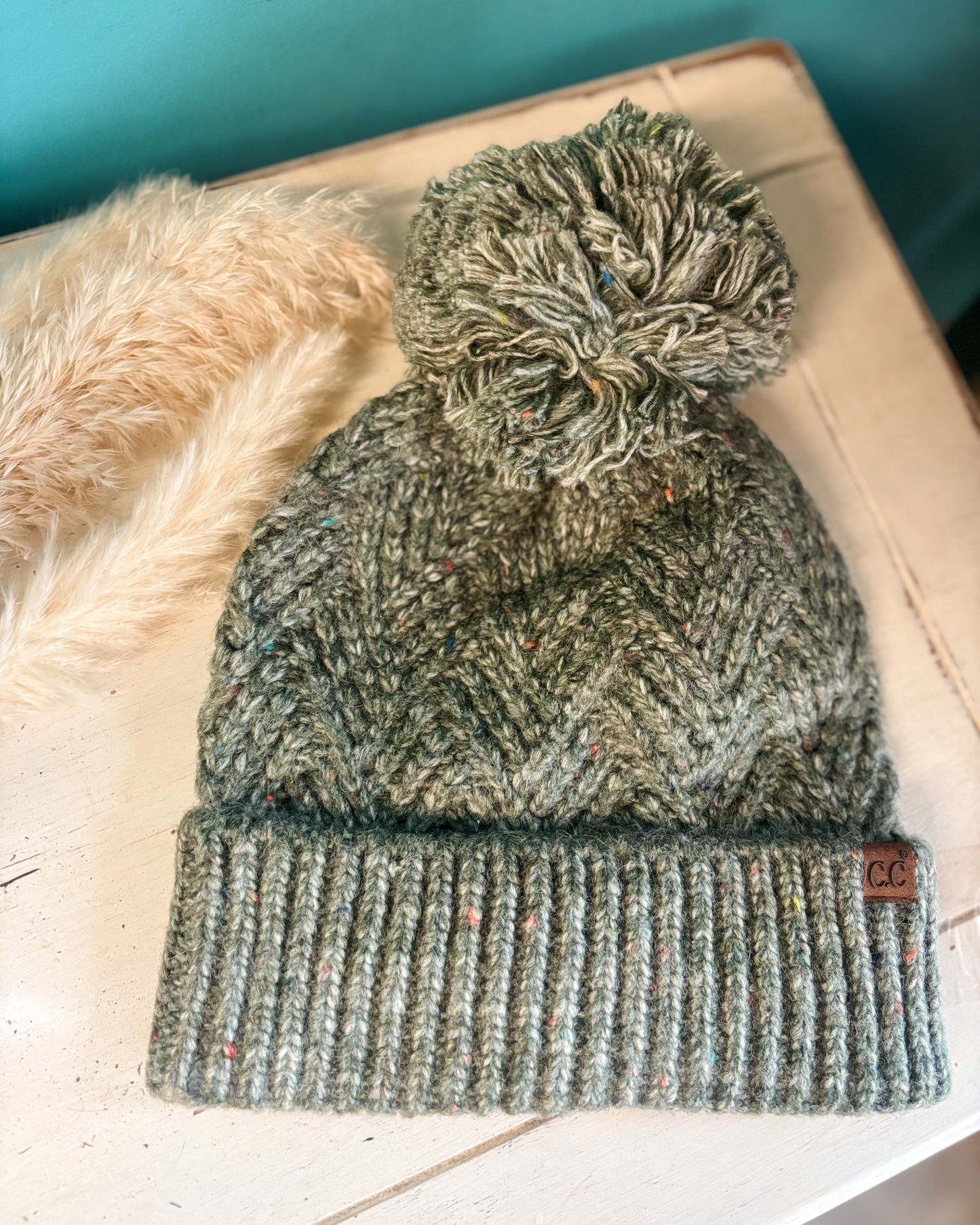 C.C. Criss-Cross Pattern Pom Beanie