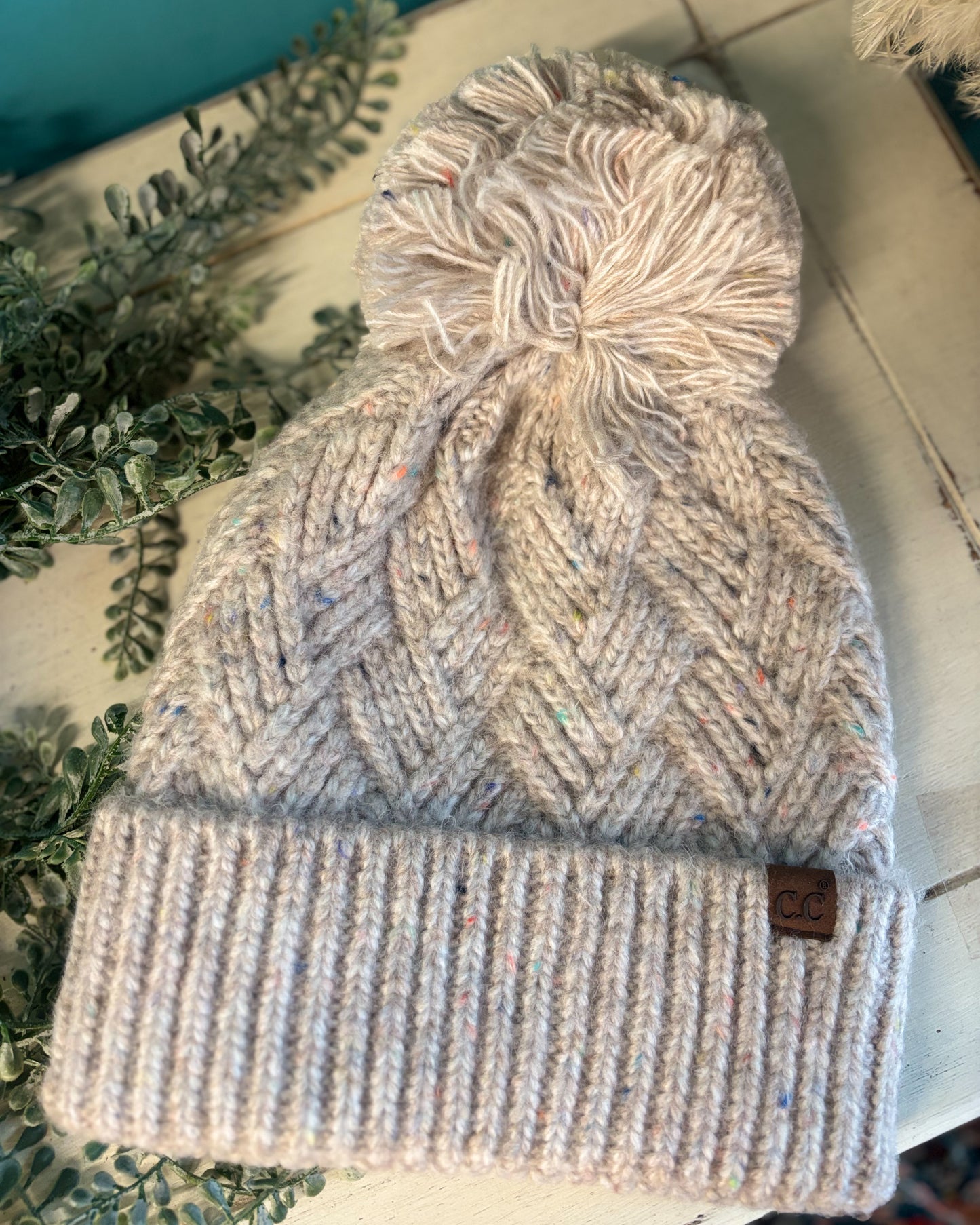 C.C. Criss-Cross Pattern Pom Beanie