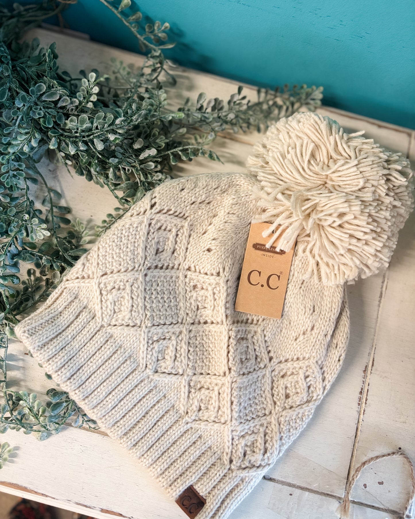 C.C. Diamond Lace Pattern Pom Beanie