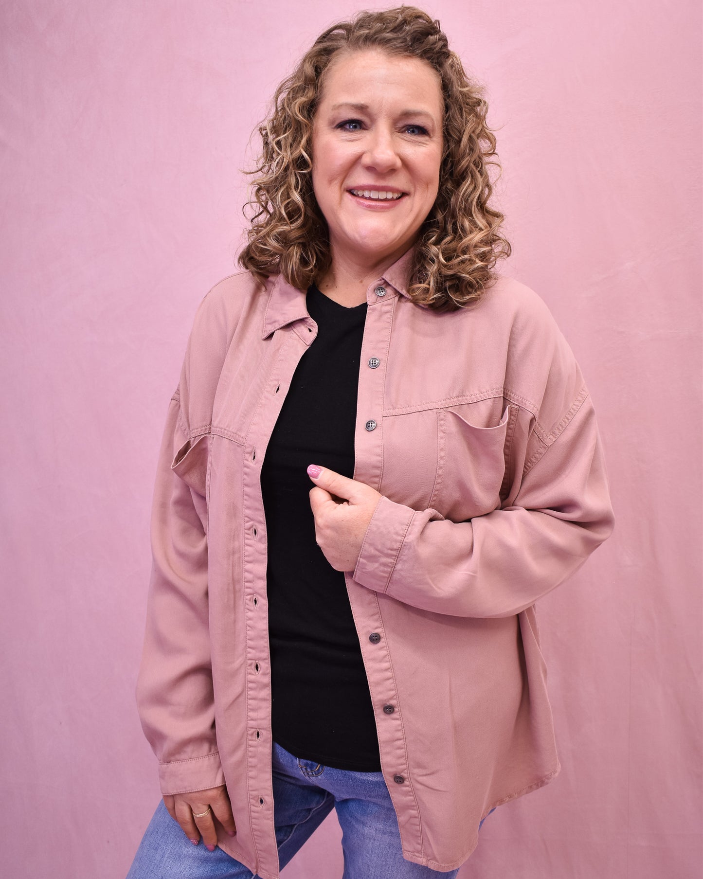 Long Sleeve Button Down Shirt Jacket Worn Open over a Basic Top