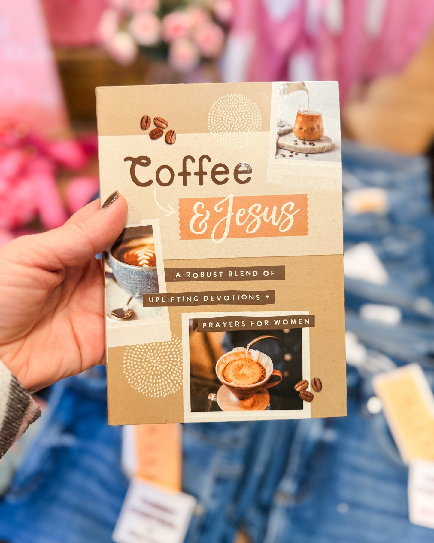 Book titled 'Coffee & Jesus' held by a person with a blurred background