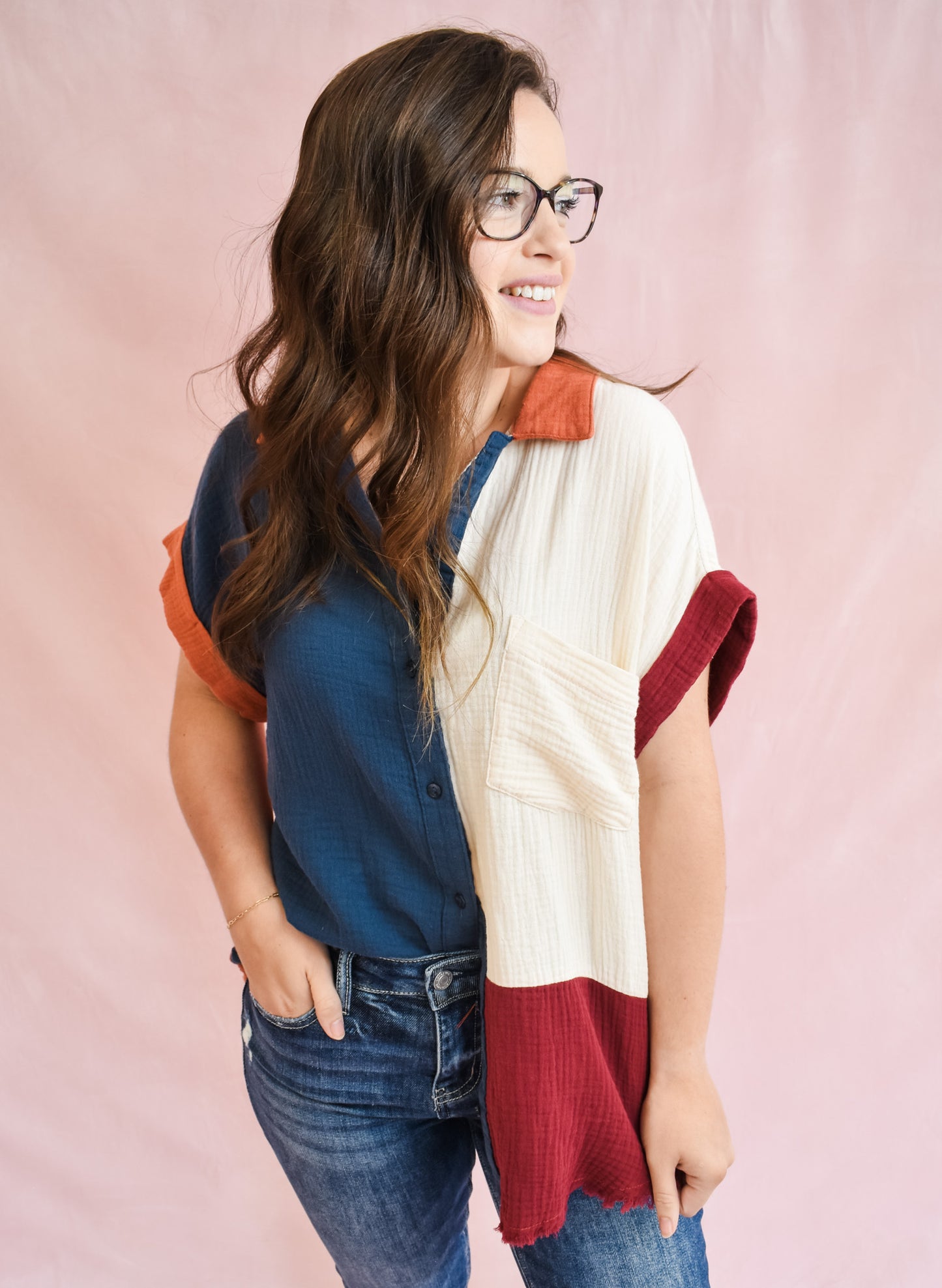No Comparison Colorblock Button Up Top