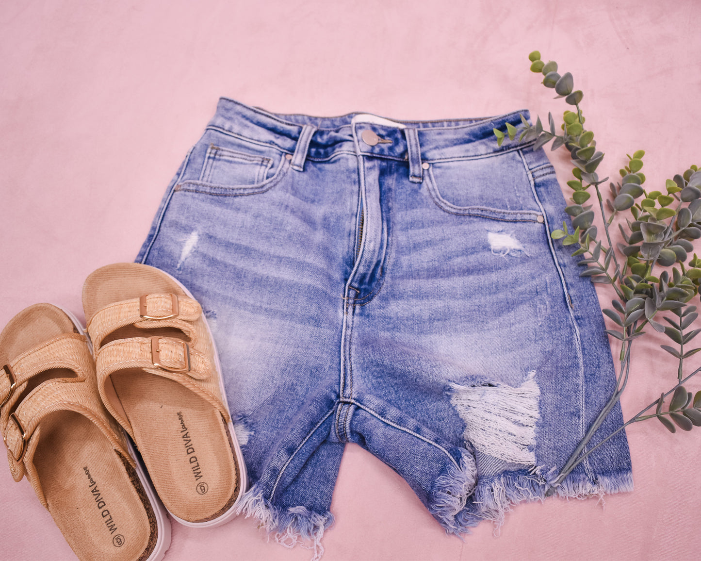 RISEN Distressed Mid Thigh Denim Shorts