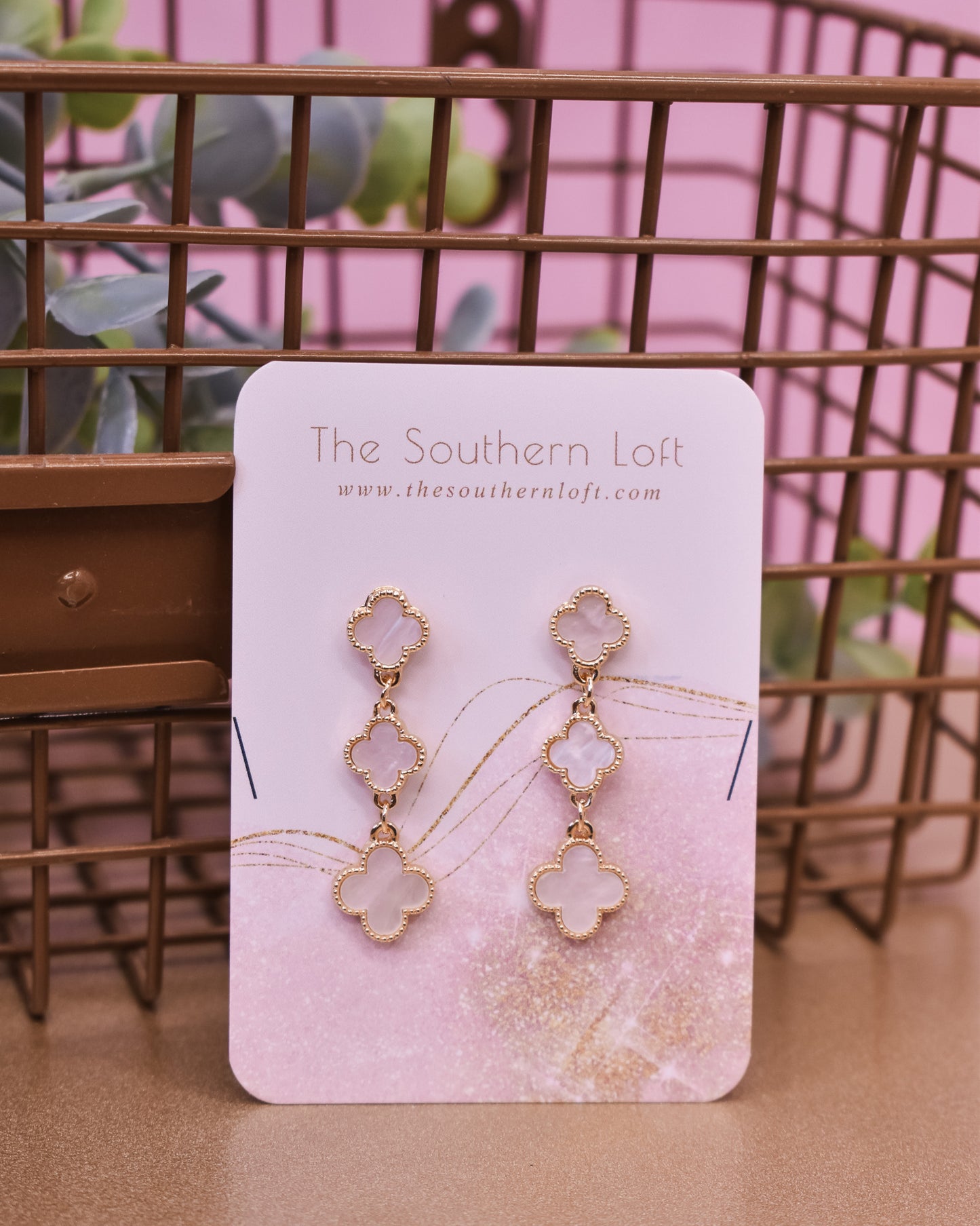 Cream Clover Dangle Earrings