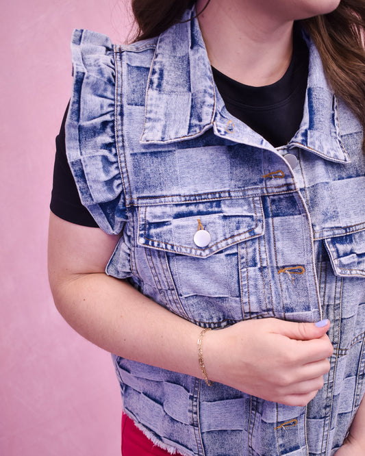 Cheerful Energy Gingham Denim Vest