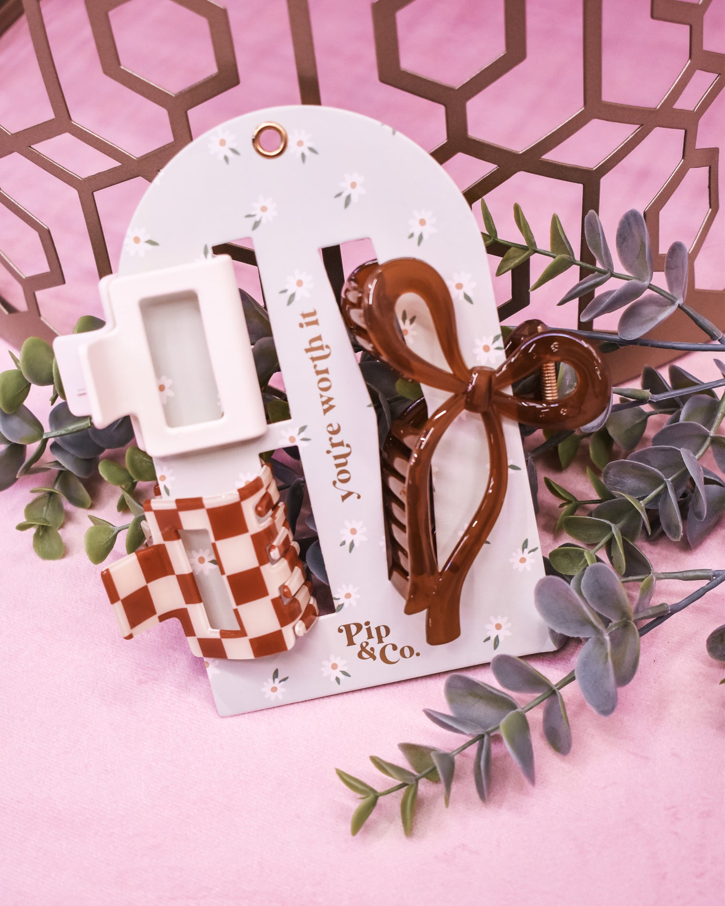 Bow & Checkered Claw Hair Clip Set