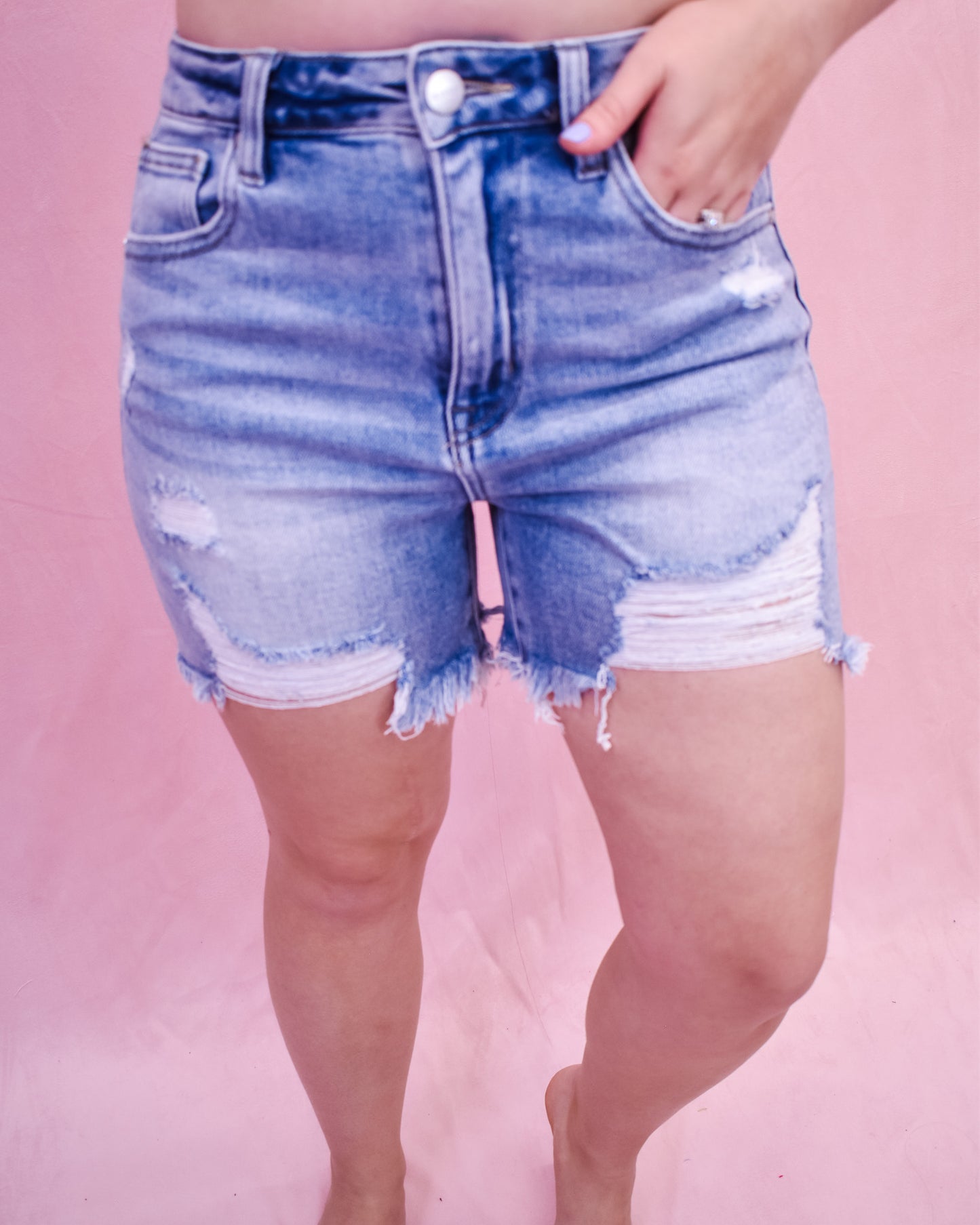 RISEN Distressed Mid Thigh Denim Shorts
