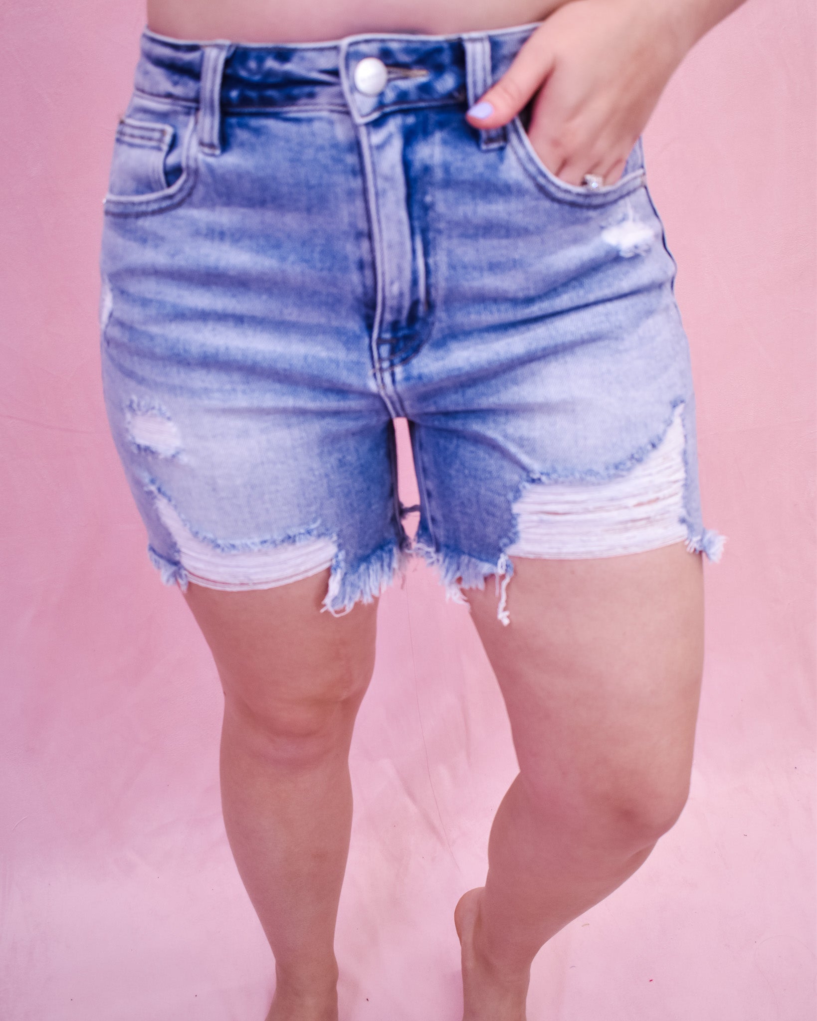 RISEN Distressed Mid Thigh Denim Shorts
