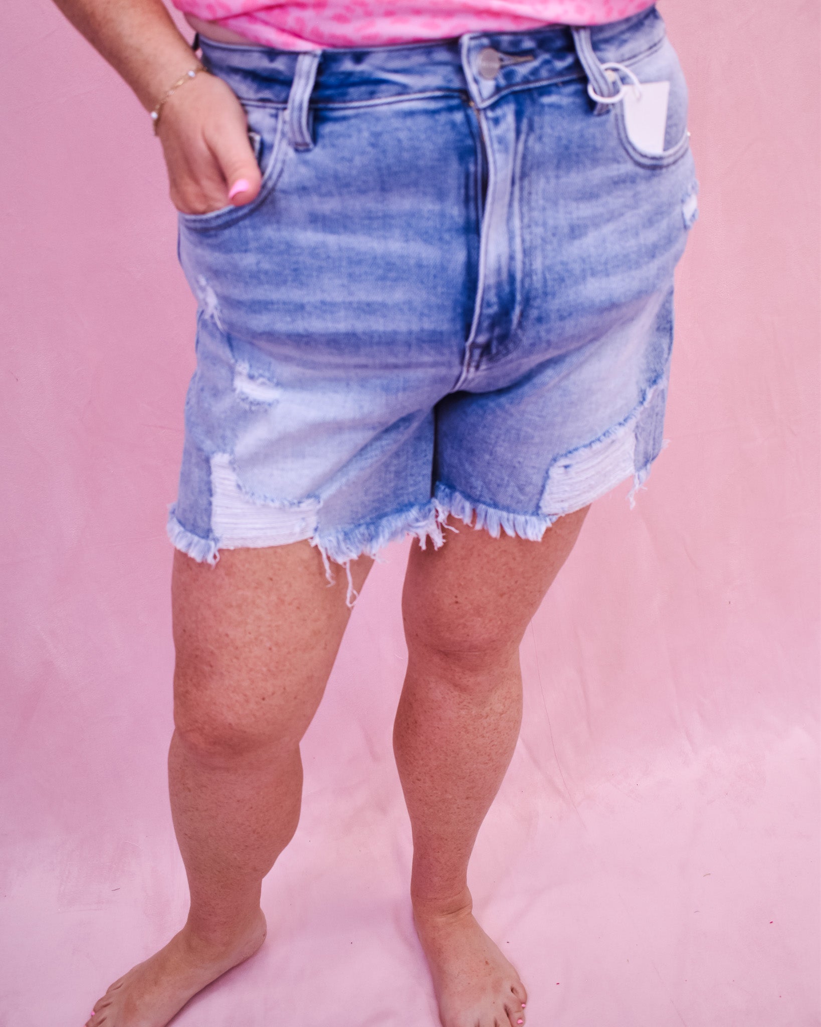 RISEN Distressed Mid Thigh Denim Shorts