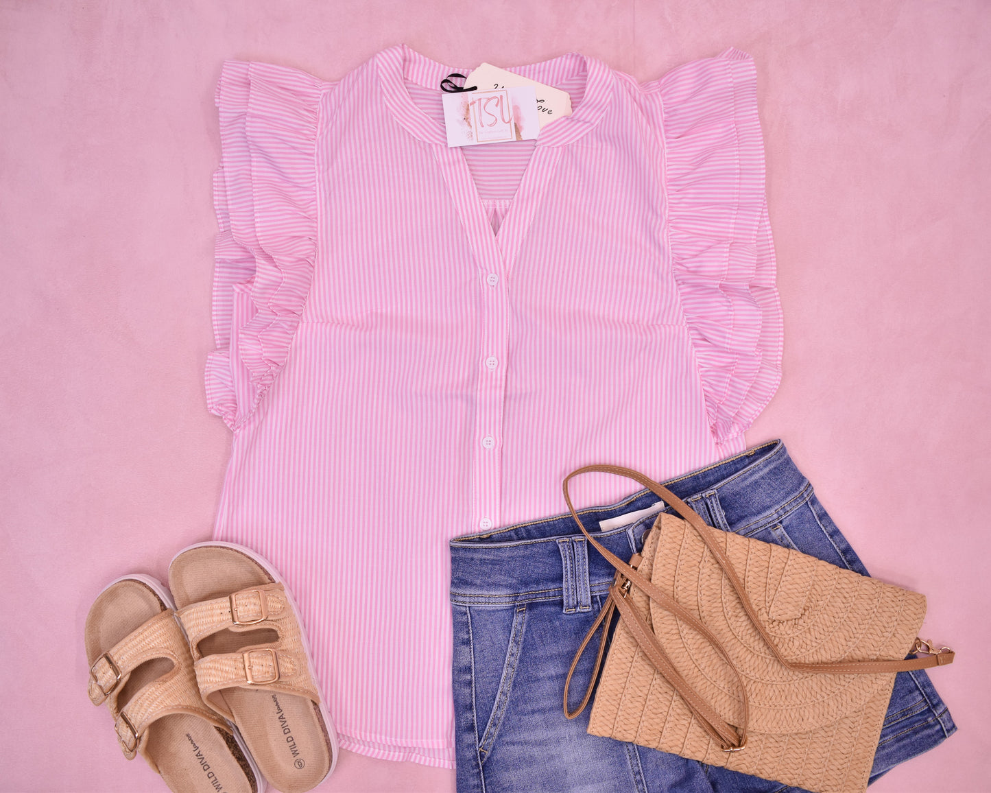 Sweet Aura Striped And Ruffle Cap Sleeve Top