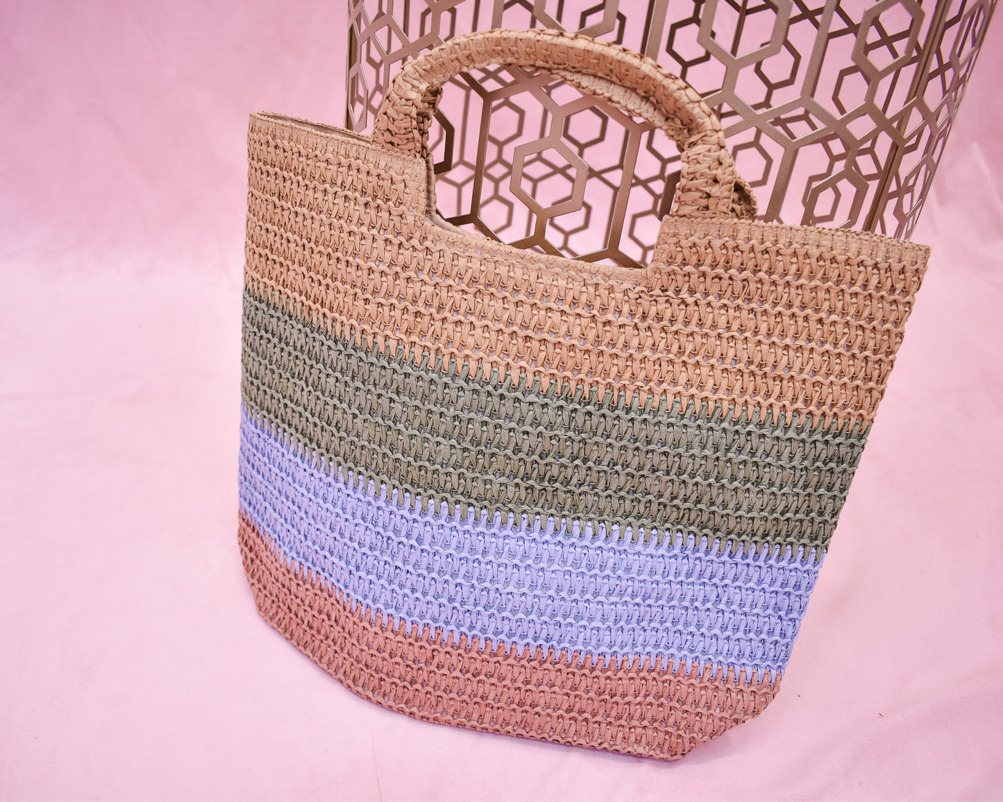 Woven Color Block Straw Tote Bag