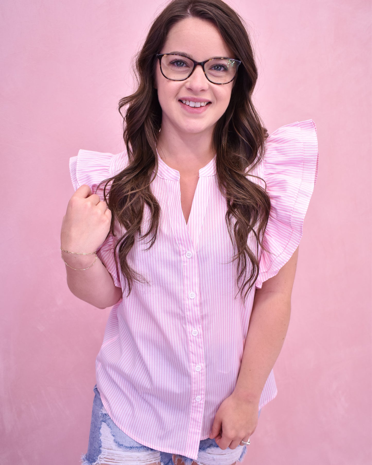 Sweet Aura Striped And Ruffle Cap Sleeve Top