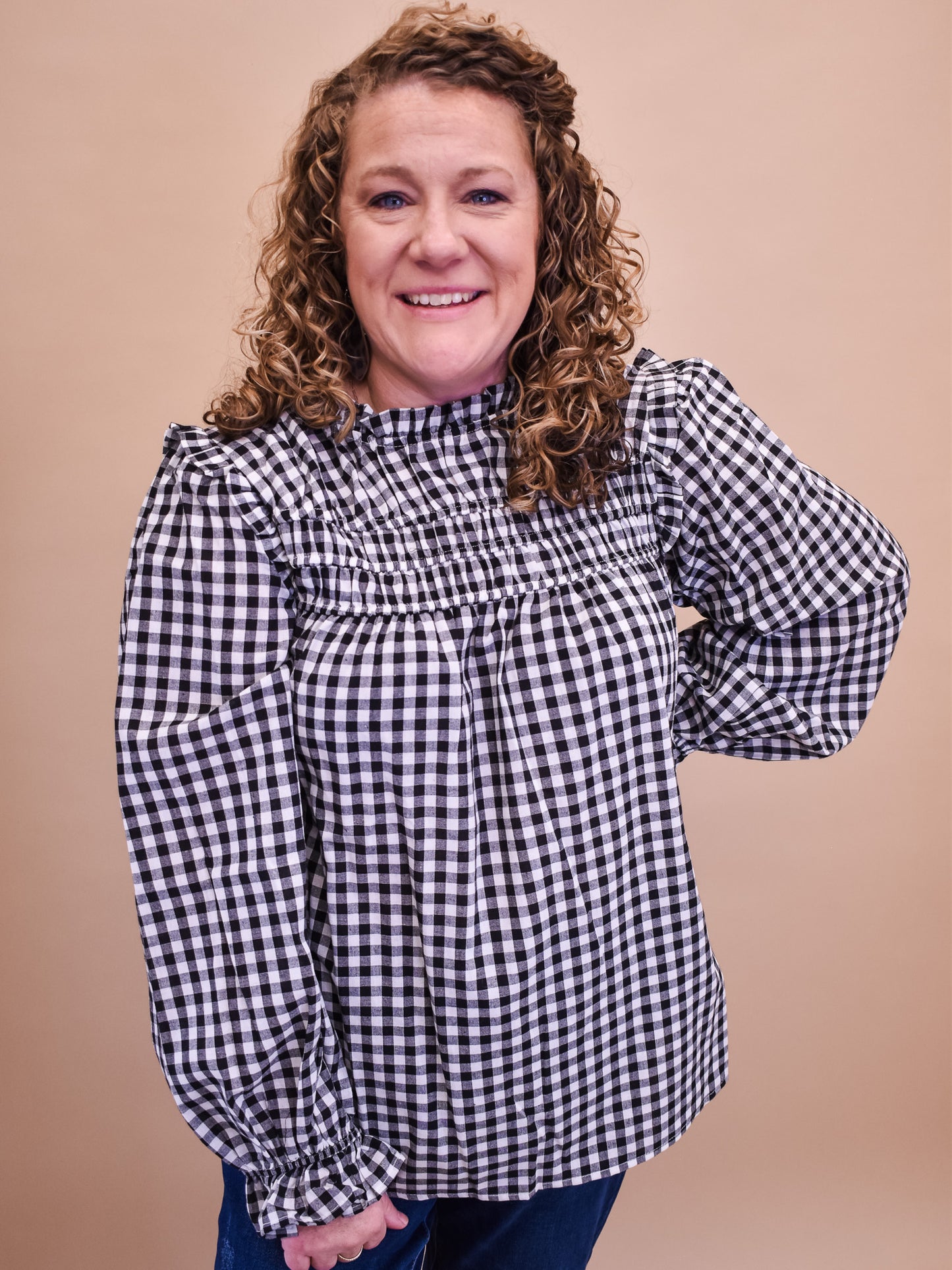 Living Right Frilled Gingham Top