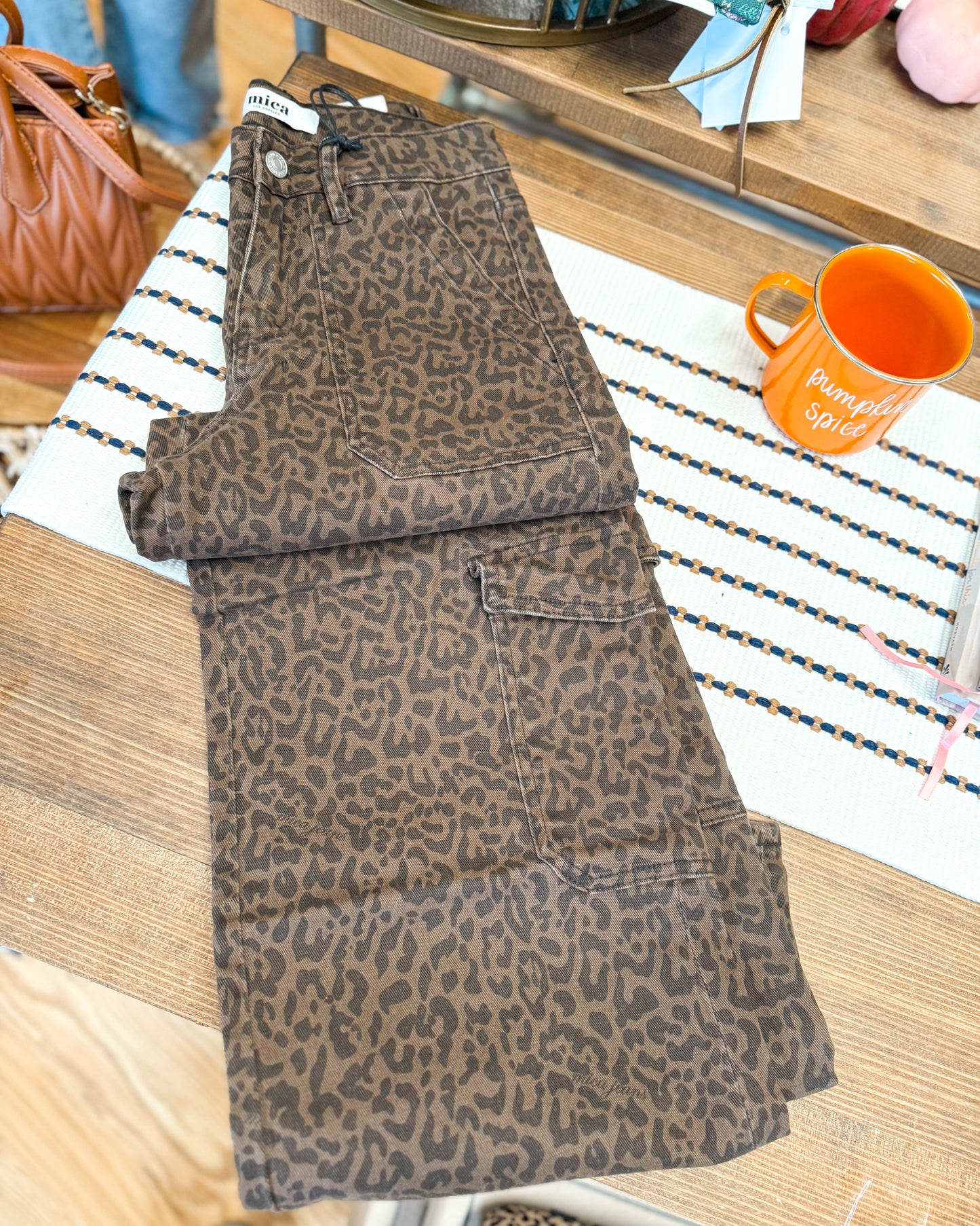 High Rise Wide Leg Cargo Leopard Denim
