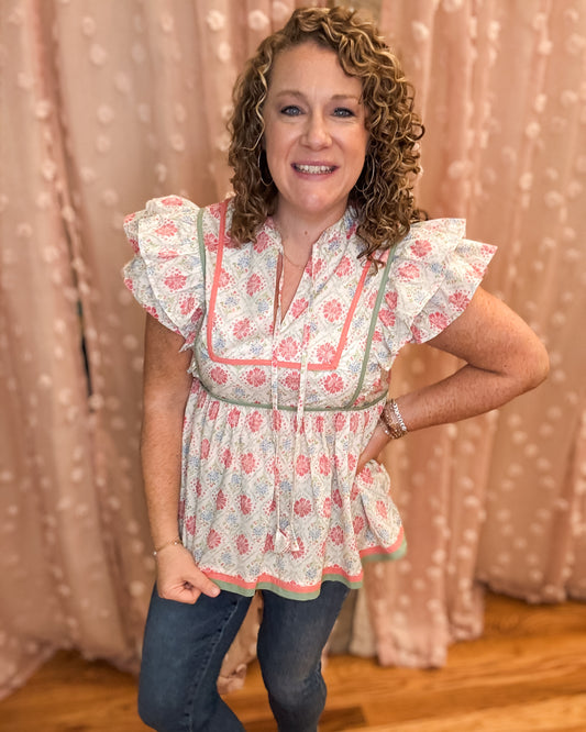 Bloom And Flutter Floral Ruffle Sleeve Top