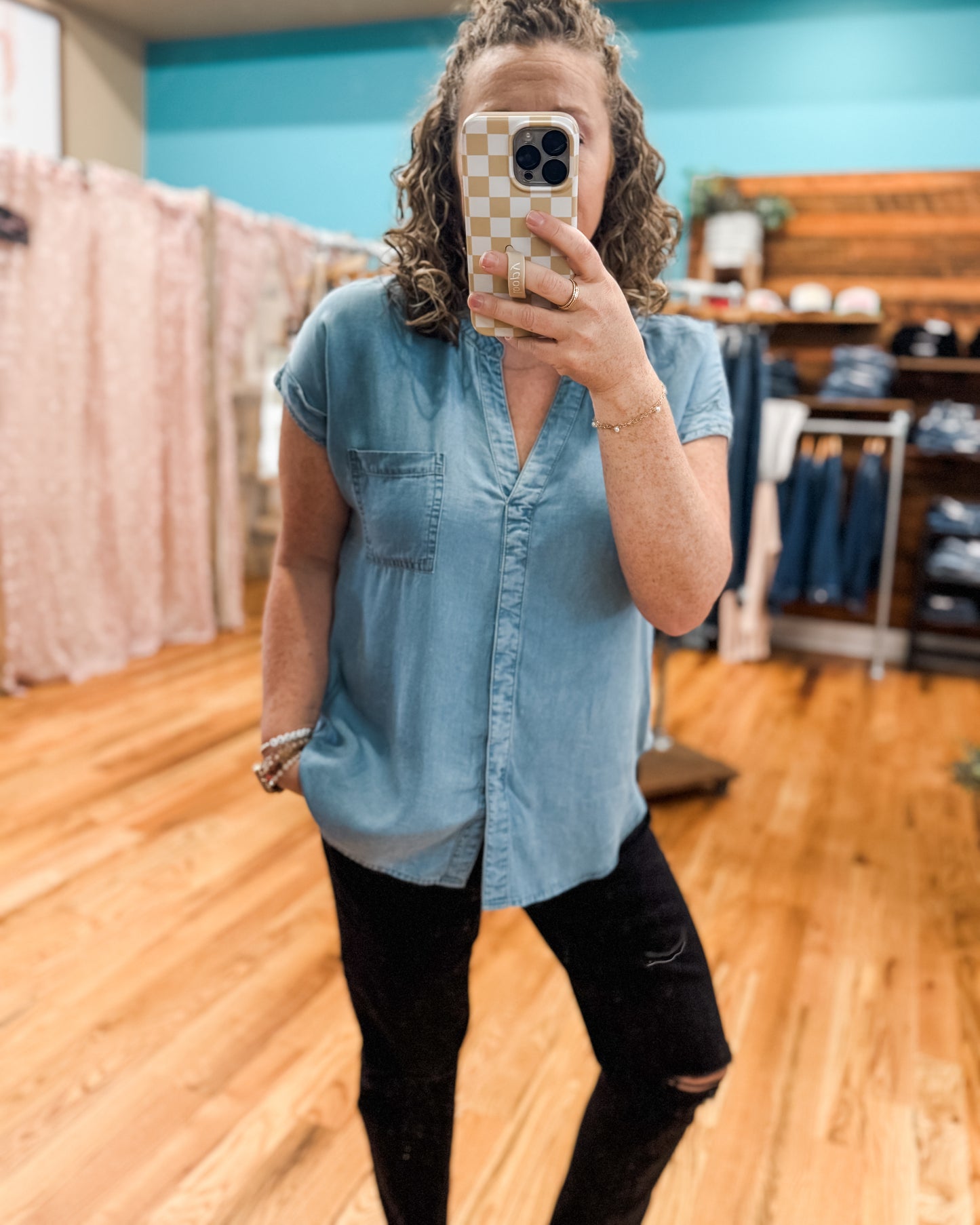 Simple Life Back Button Chambray Top