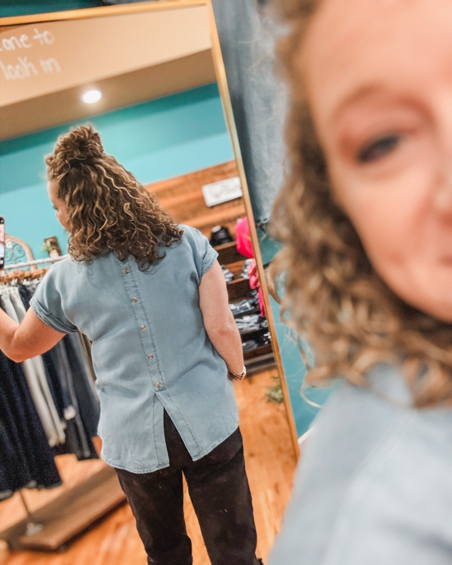 Simple Life Back Button Chambray Top