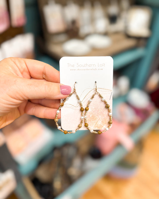 Stone & Pearl Beaded Teardrop Drop Earrings