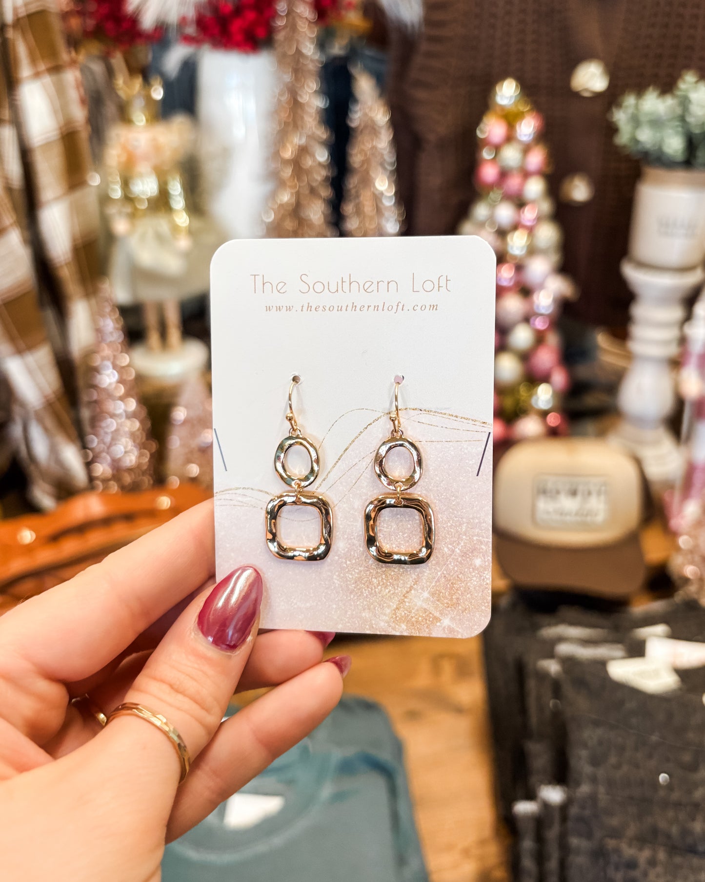 Circle & Square Hammered Drop Earrings