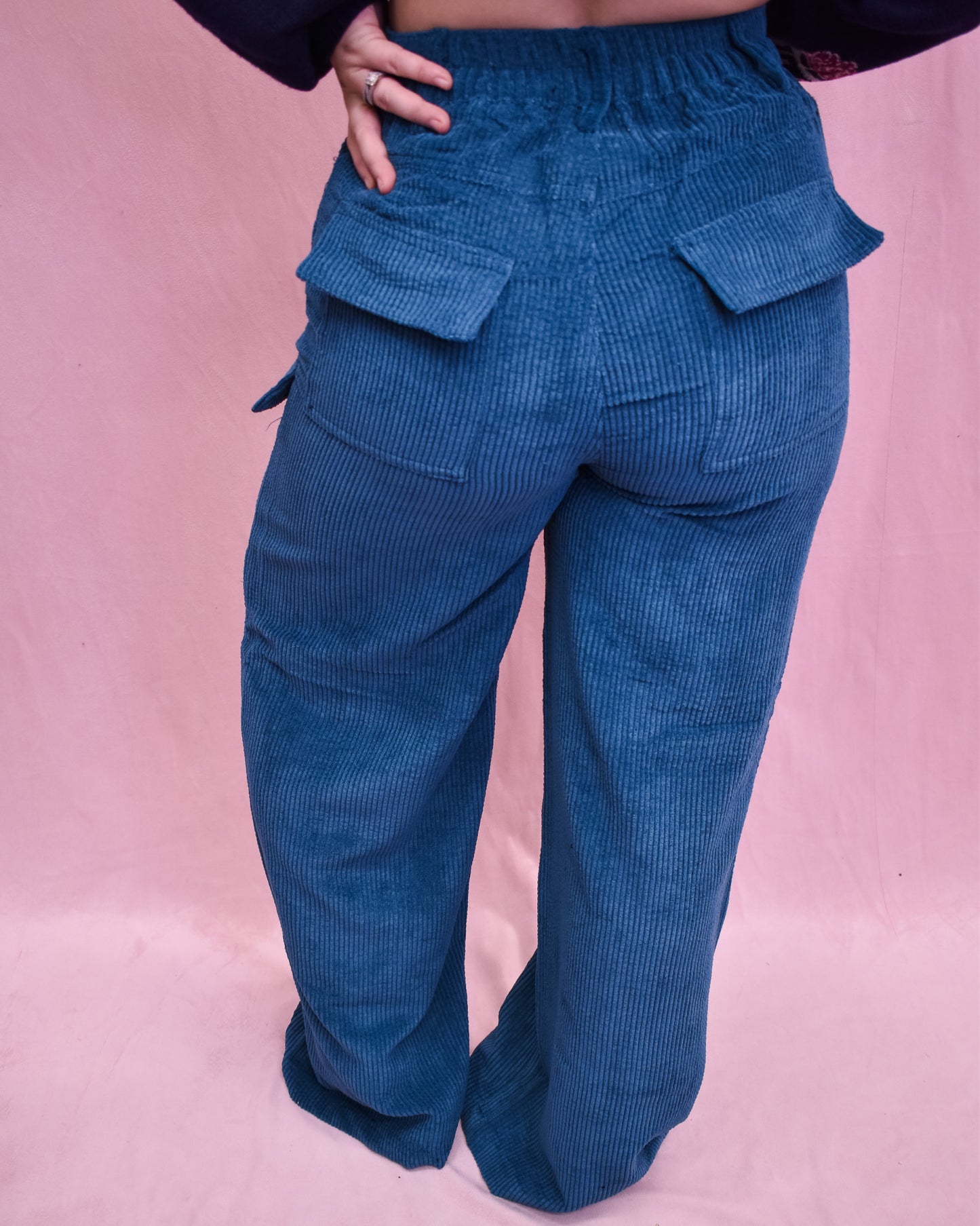 Blue corduroy cargo pants on a pink background