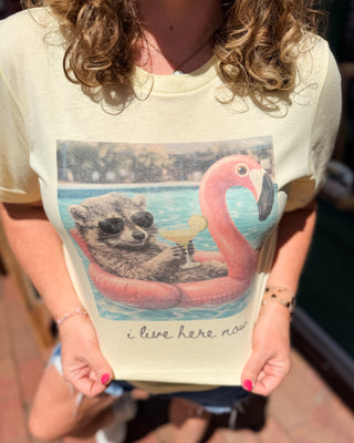 Person wearing a t-shirt with a raccoon in a flamingo float graphic 