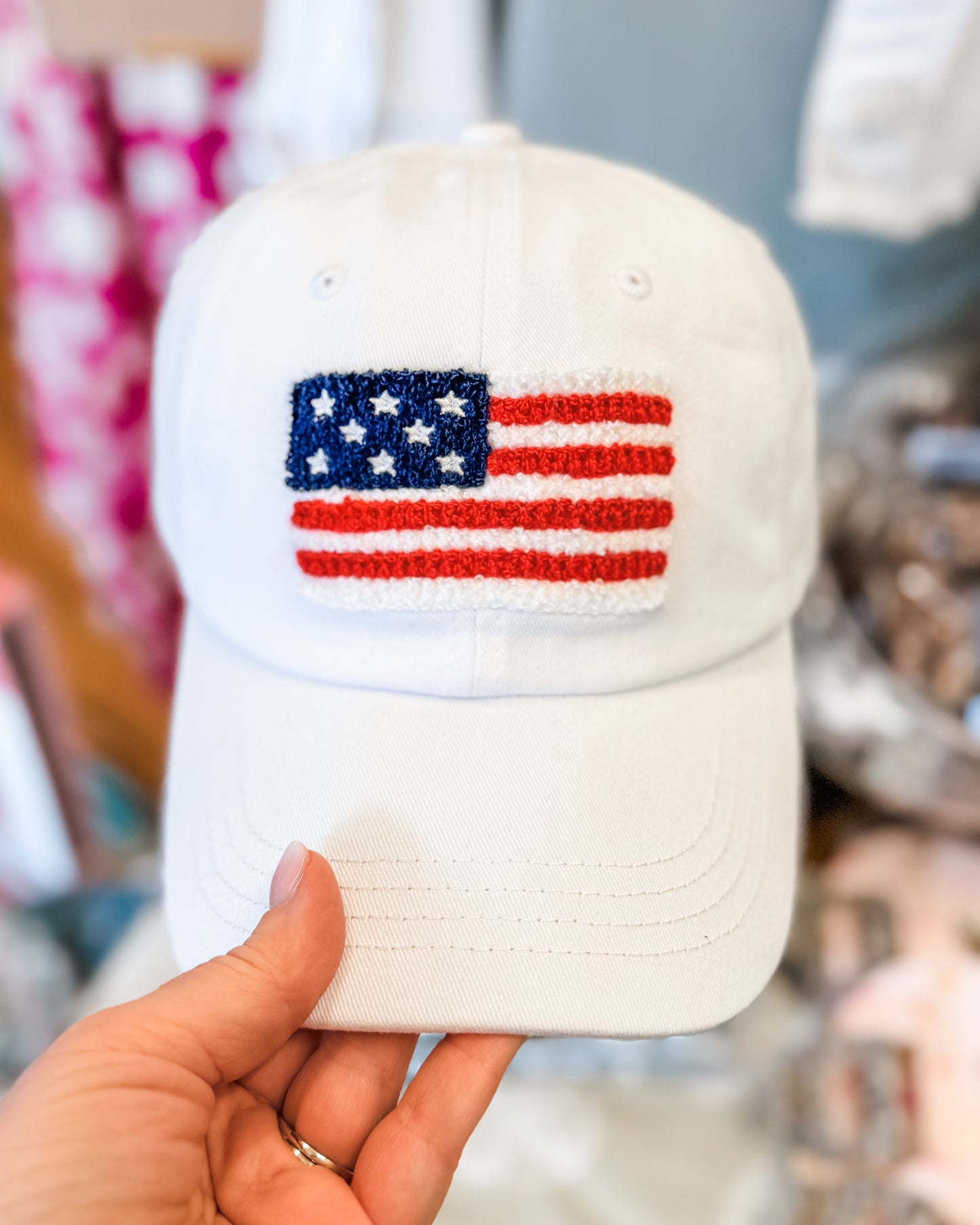 white hat with american flag chenille patch