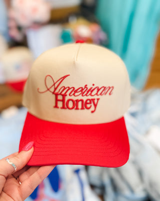 Beige and red cap with 'American Honey' embroidered 