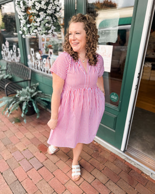 a red summer striped vneck mini dress