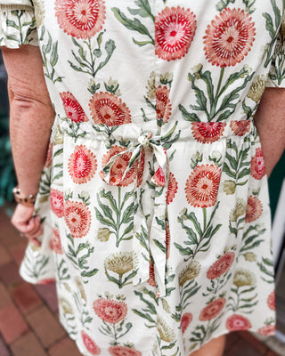 a fall floral a line style dress with a puff style sleeve
