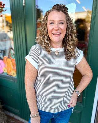 Between the Lines Striped Contrast Trim Rib Banded Top in brown
