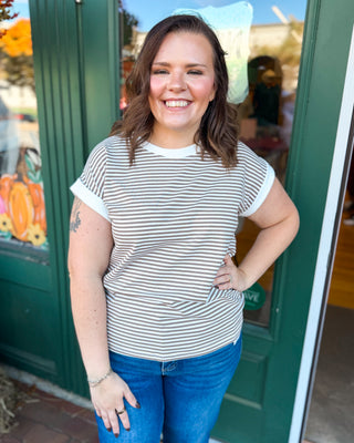 Between the Lines Striped Contrast Trim Rib Banded Top in brown