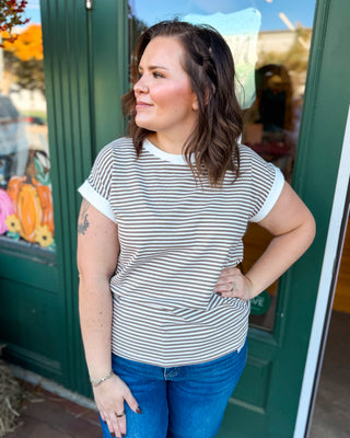 Between the Lines Striped Contrast Trim Rib Banded Top in brown
