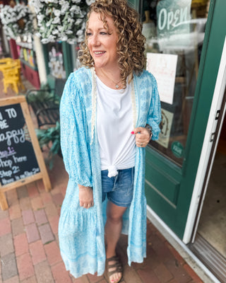 a paisley printed tiered ruffle kimono with lace details