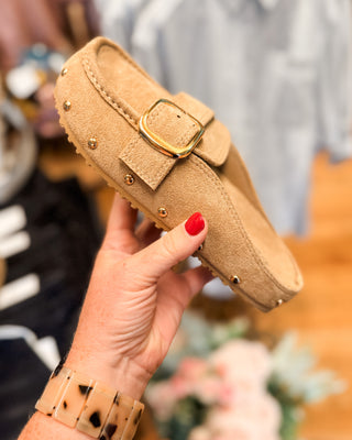 a suede slip on mule style shoe with buckle and side studs