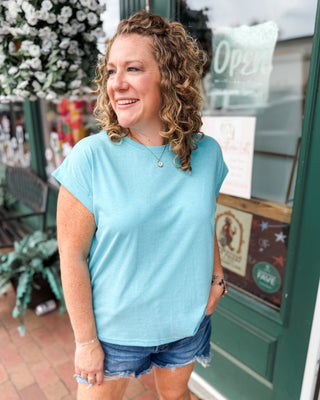 a heather teal basic top