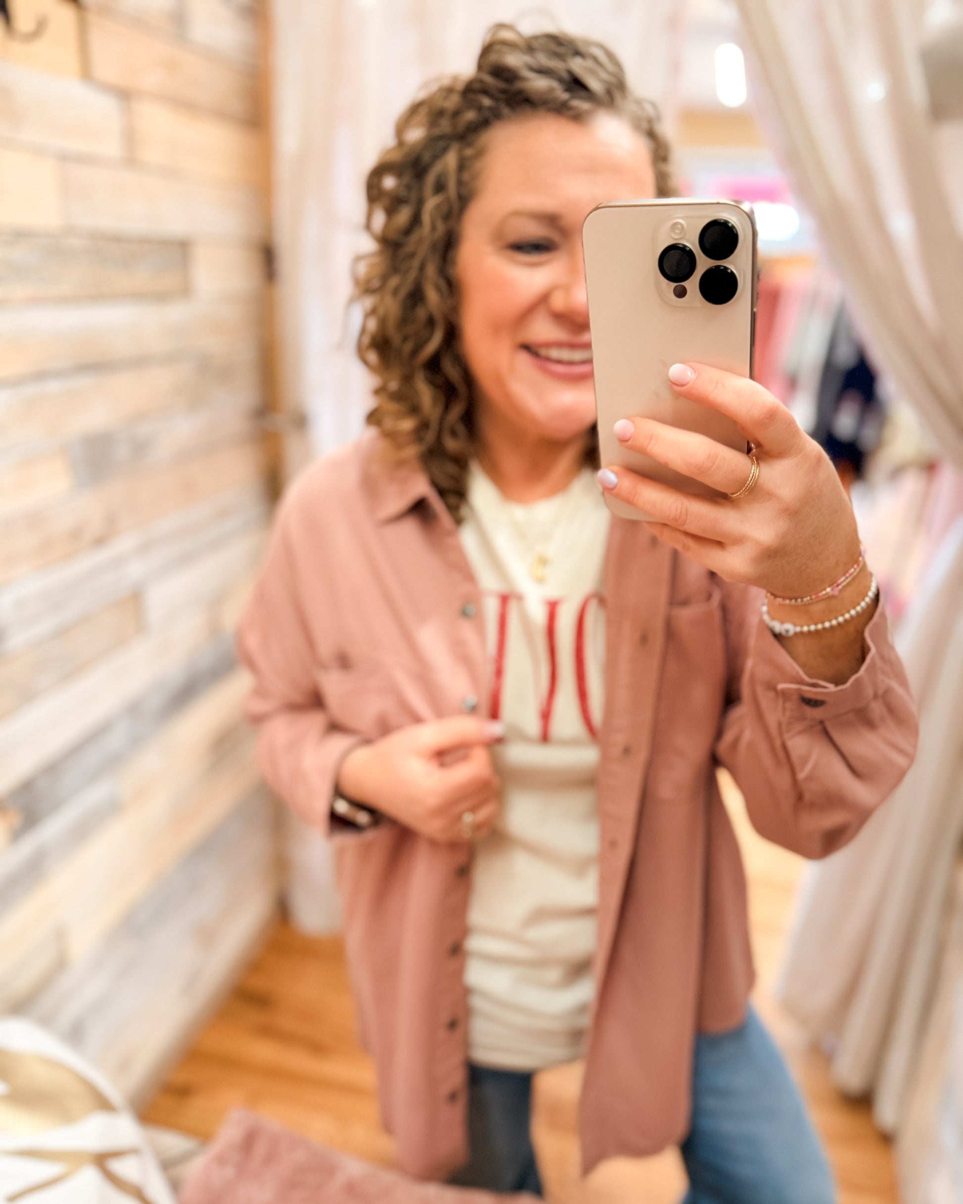 Long Sleeve Button Shirt Jacket over a Graphic Tee