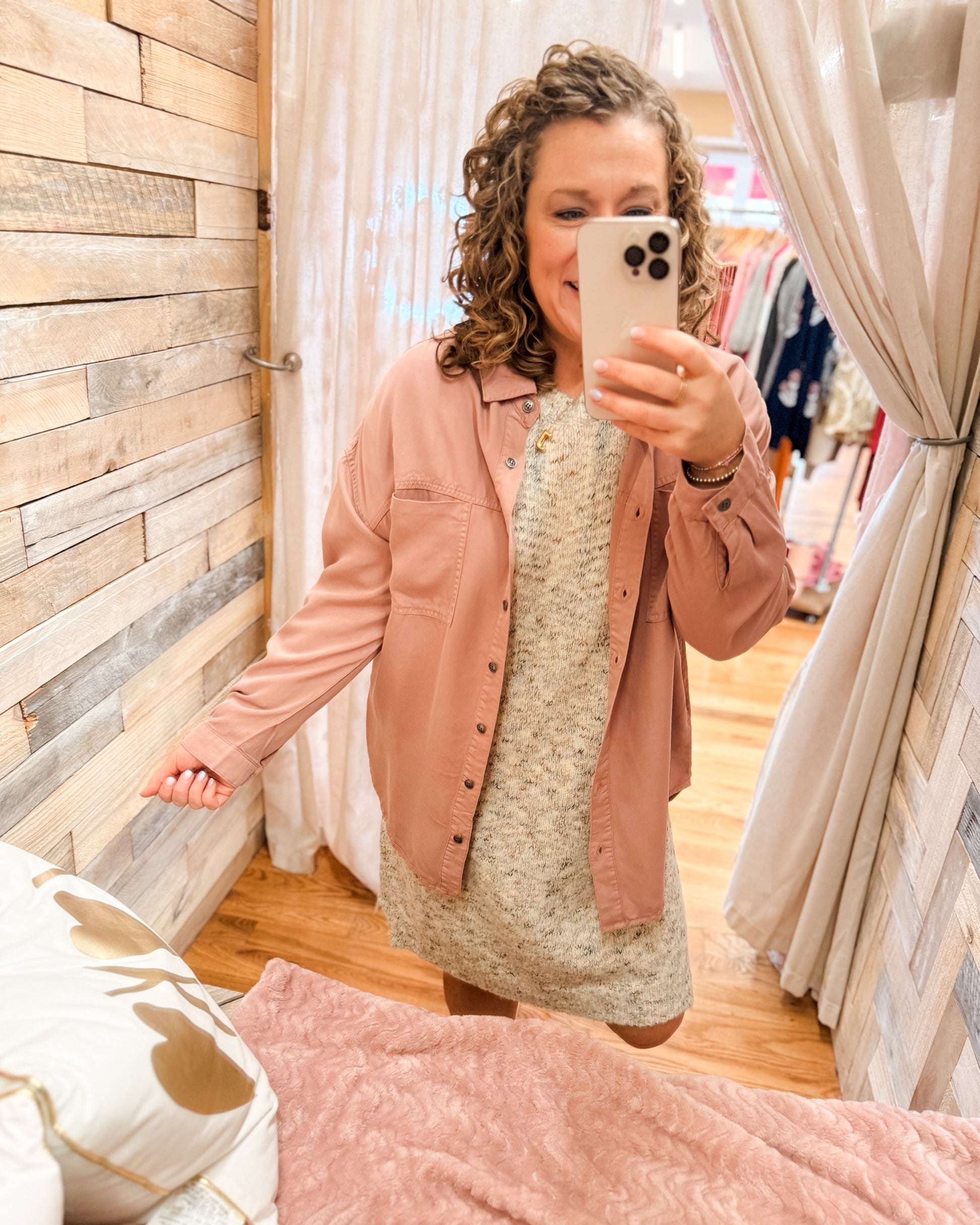 Long Sleeve Button Down Shirt Jacket over Sweater Dress