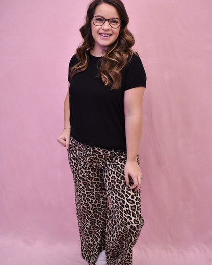 leopard print drawstring wide leg pants