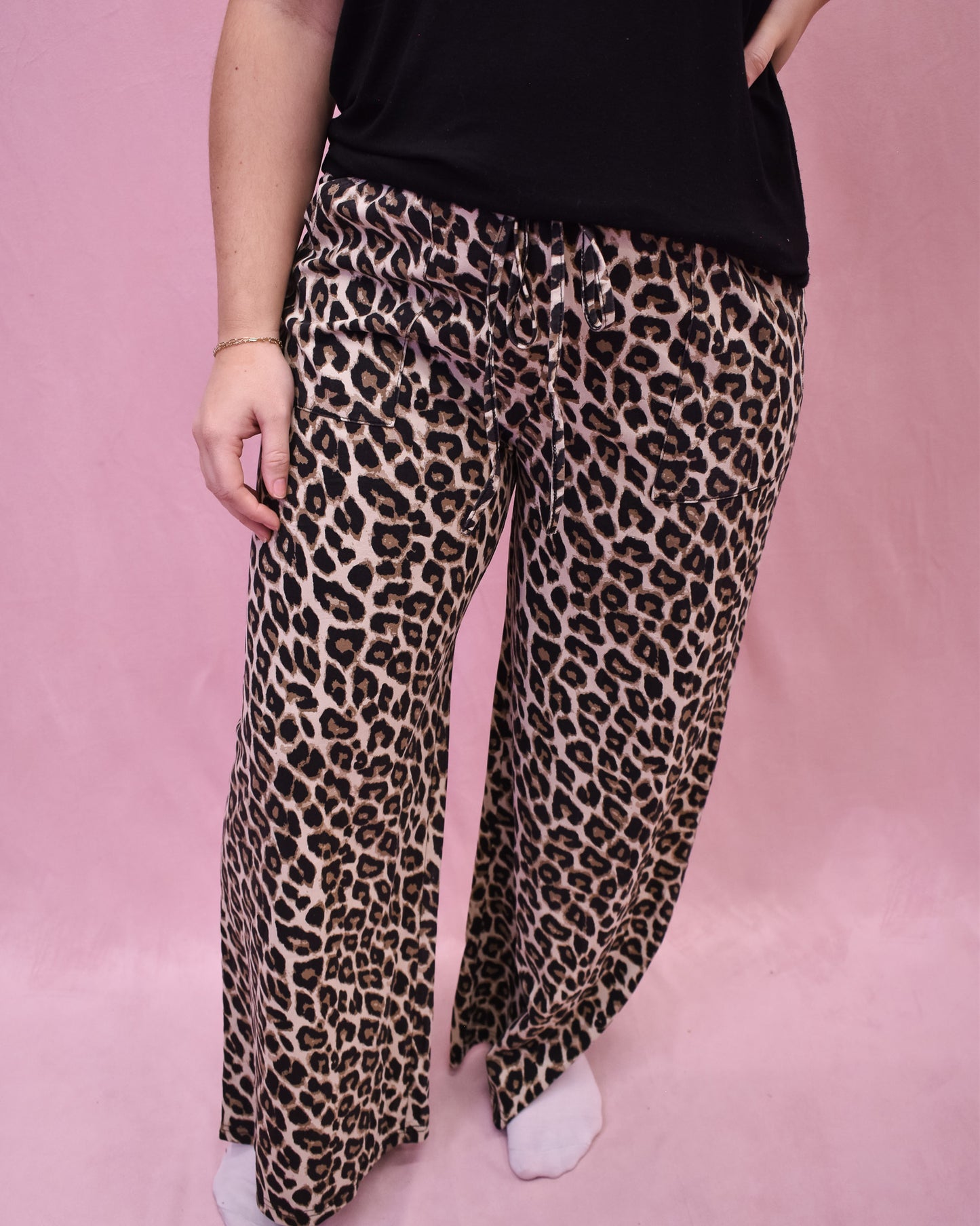 leopard print drawstring wide leg pants
