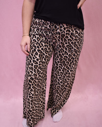 leopard print drawstring wide leg pants