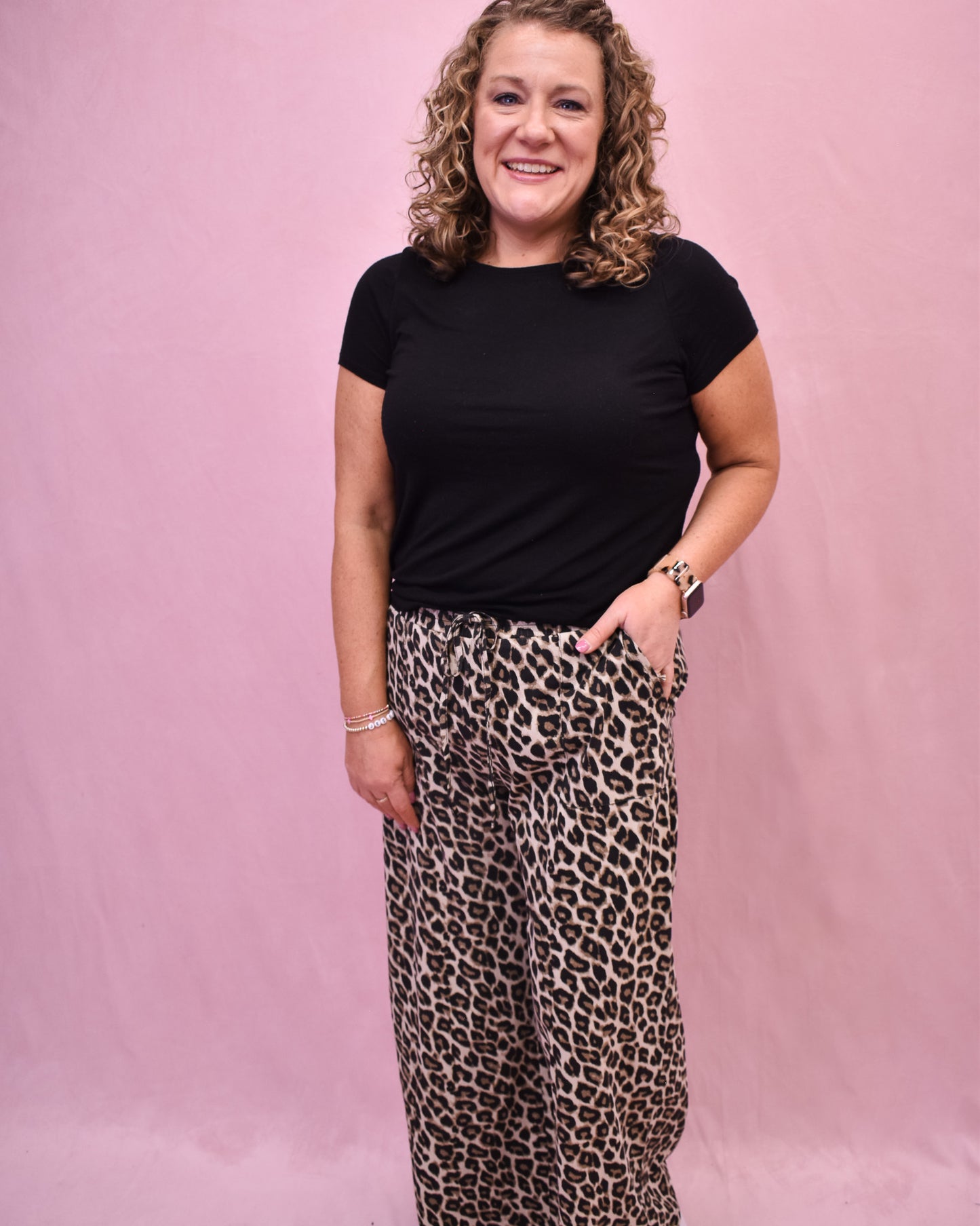 leopard print drawstring wide leg pants with black basic top