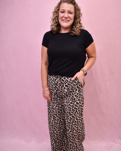 leopard print drawstring wide leg pants with black basic top