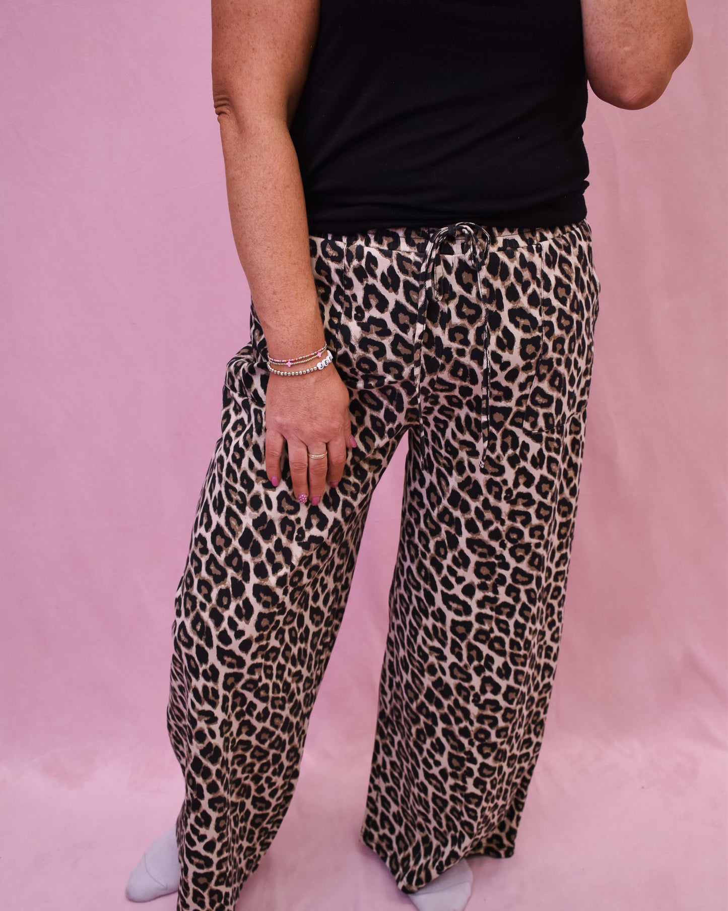 leopard print drawstring wide leg pants