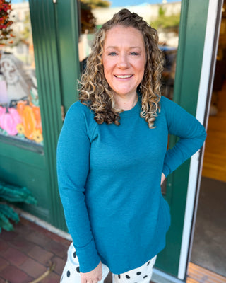 Cozy Little Basic Waffle Long Sleeve Top in teal