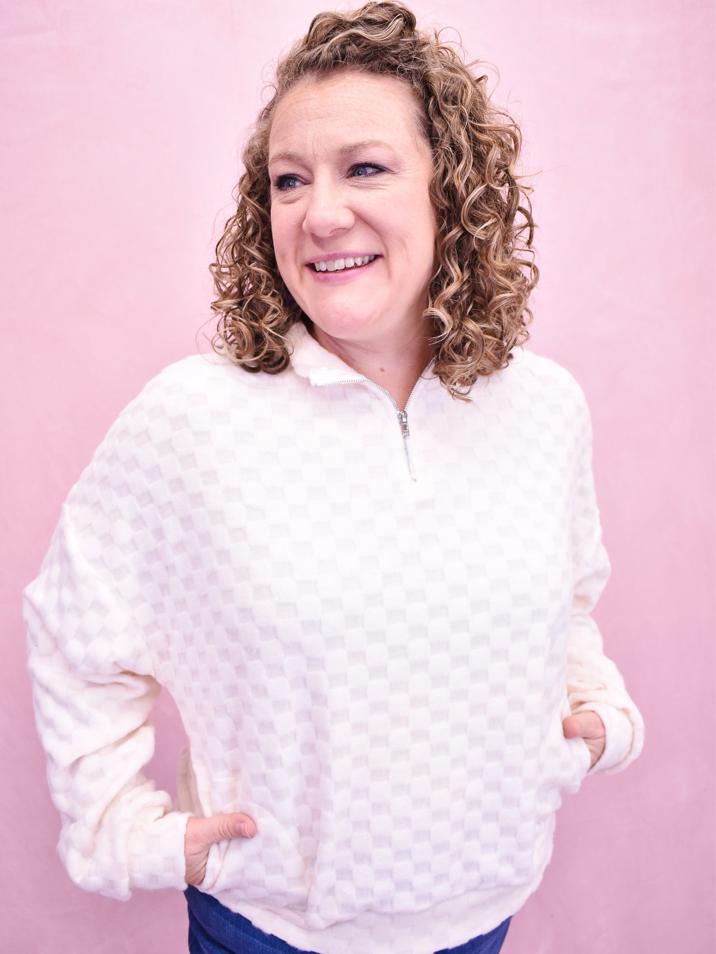 Casual Moment Fuzzy Checkered Half Zip Pullover