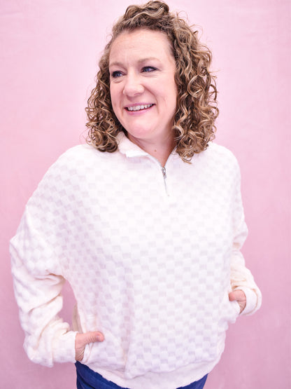 Casual Moment Fuzzy Checkered Half Zip Pullover