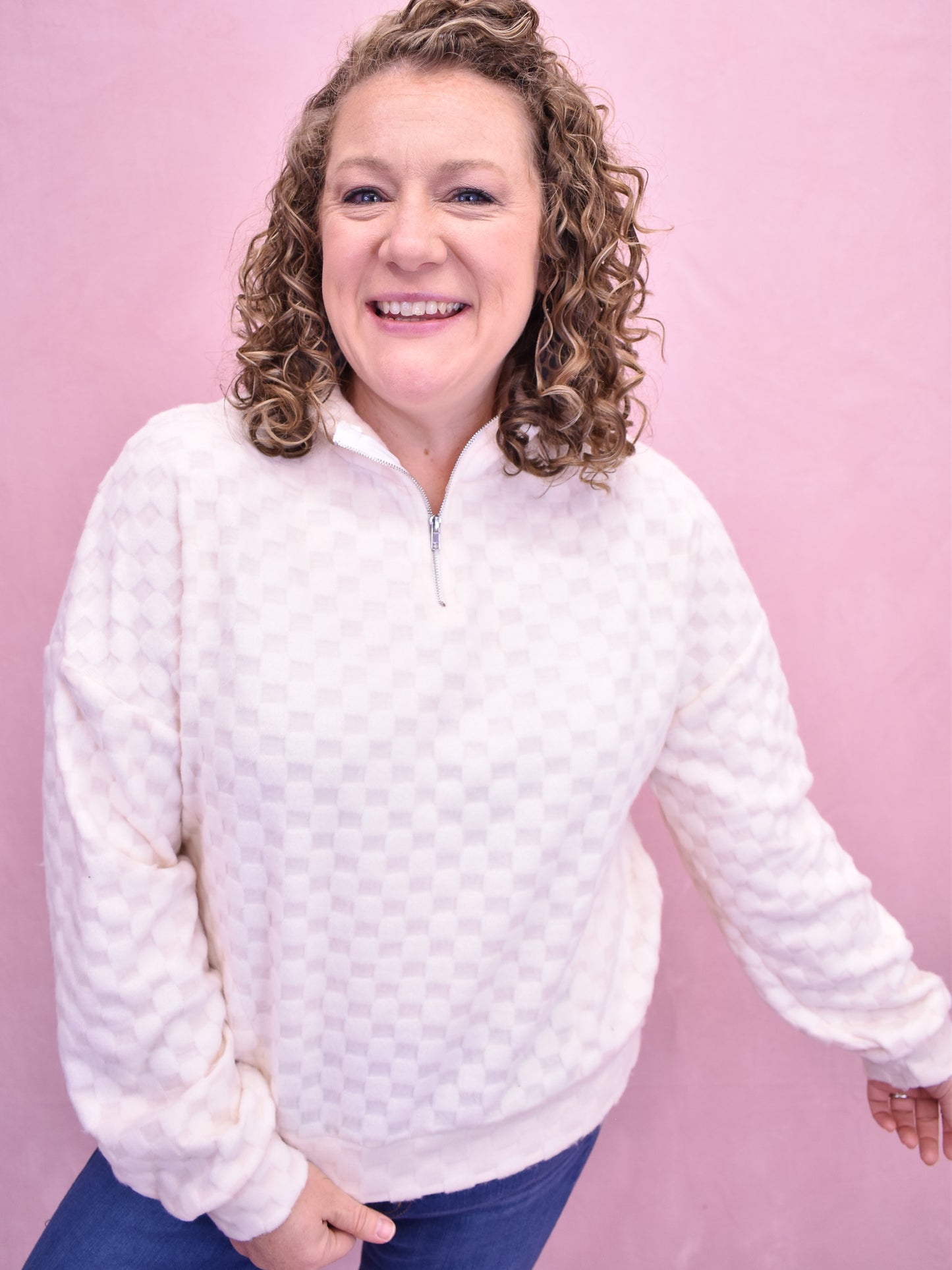 Casual Moment Fuzzy Checkered Half Zip Pullover