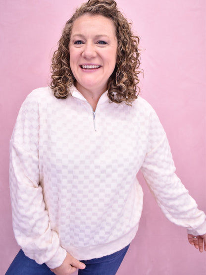 Casual Moment Fuzzy Checkered Half Zip Pullover